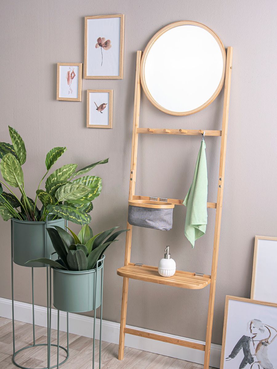 Wall Rack Bamboo with Round Mirror